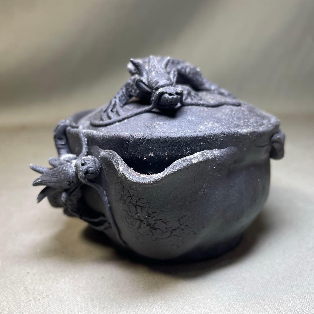 時代 備前双龍宝瓶　炭化青備前 窯変 双竜　手造　煎茶道具　備前焼 急