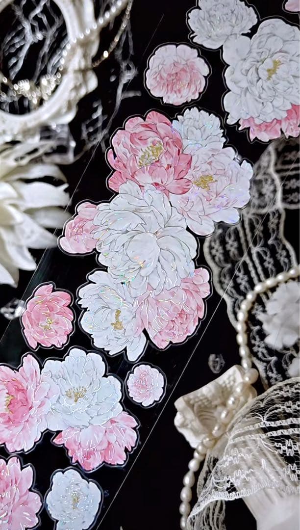 【9379】海外　5m巻　貝殻光カッティングマスキングテープ　ピンク　お花系