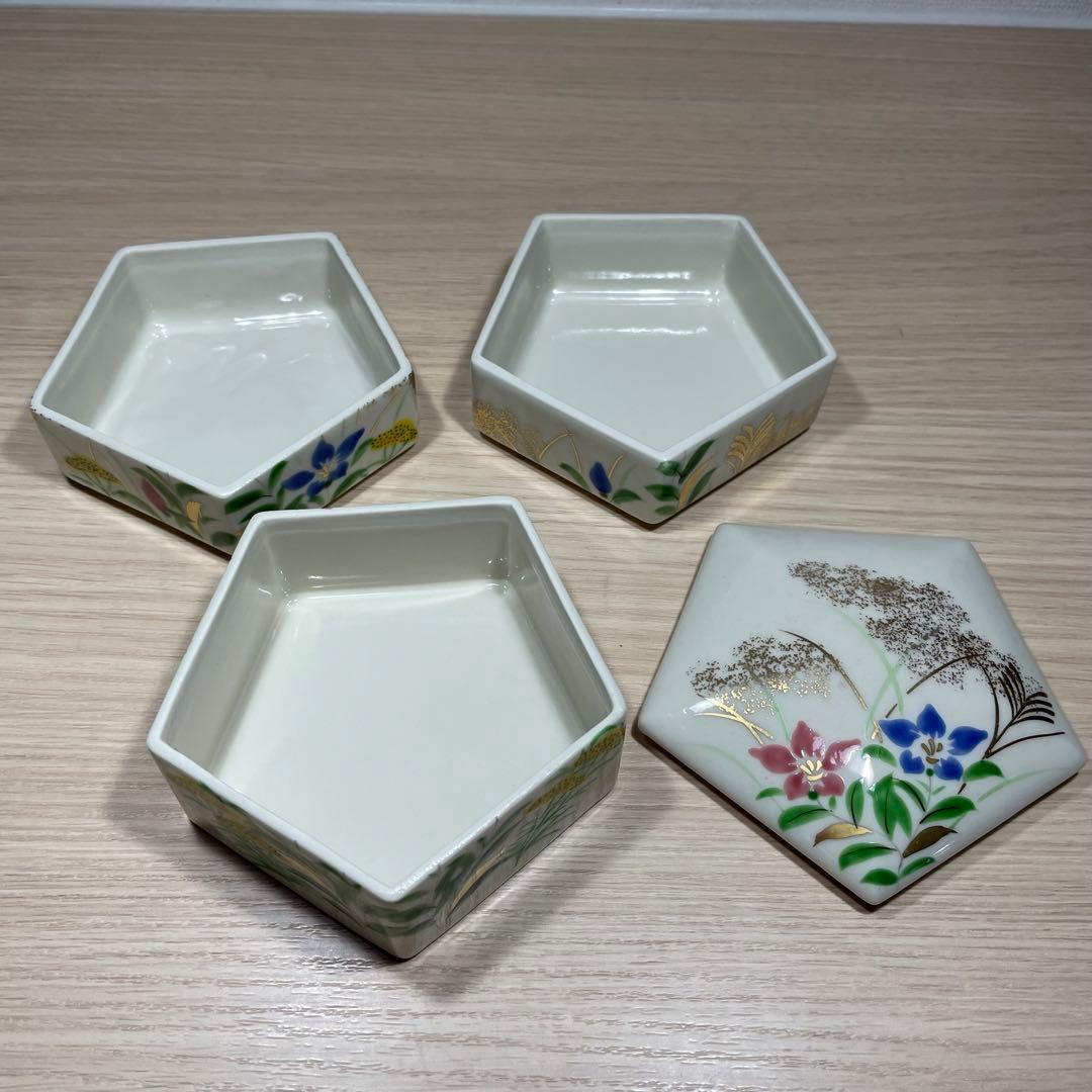 値下げ【昭和】五角形　陶器　三段　かさね重　合格縁起物