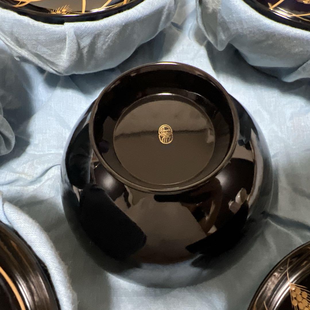 平安 象彦 黒漆塗り 稲穂 金蒔絵 5客セット蓋付き吸物椀 汁椀 木製漆塗