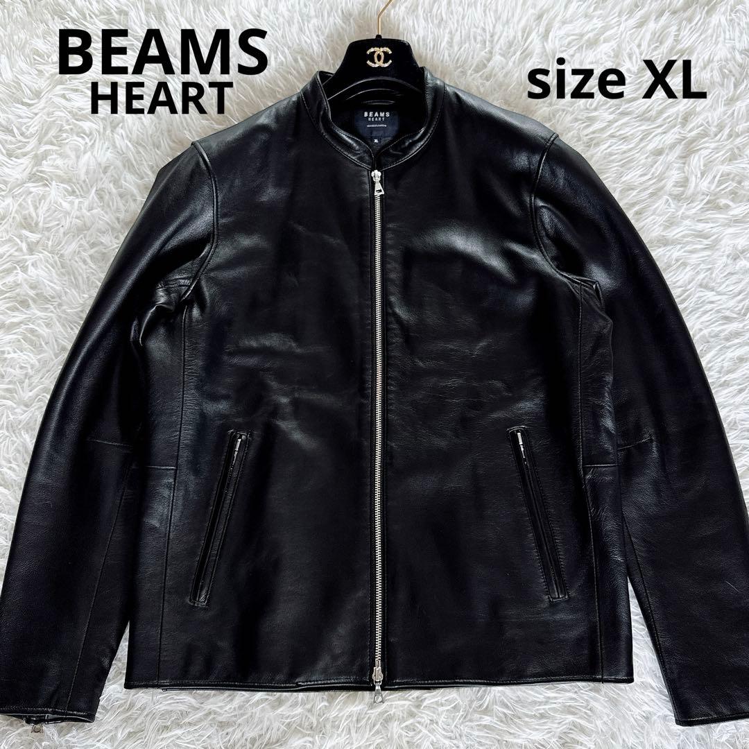 【BEAMS HEART】シングルライダースジャケット 羊革 ブラック XL