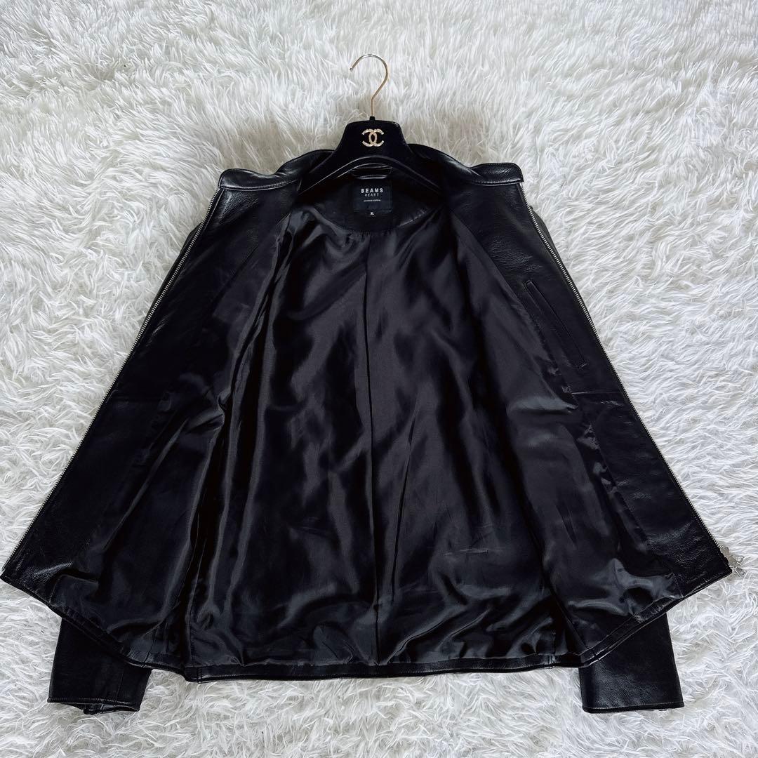 【BEAMS HEART】シングルライダースジャケット 羊革 ブラック XL