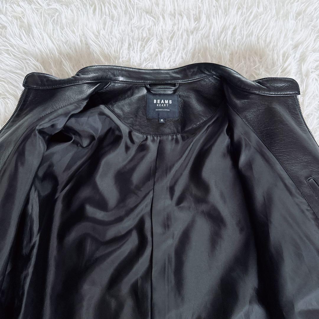 【BEAMS HEART】シングルライダースジャケット 羊革 ブラック XL