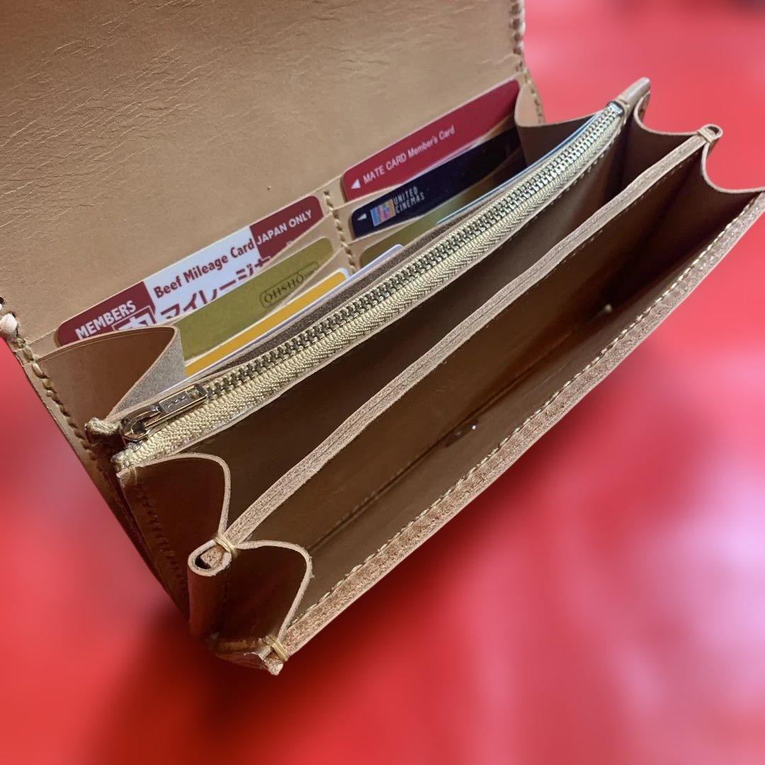 ハンドメイドレザークラフトヌメ革牛レース編み長財布　ヌメ革長財布