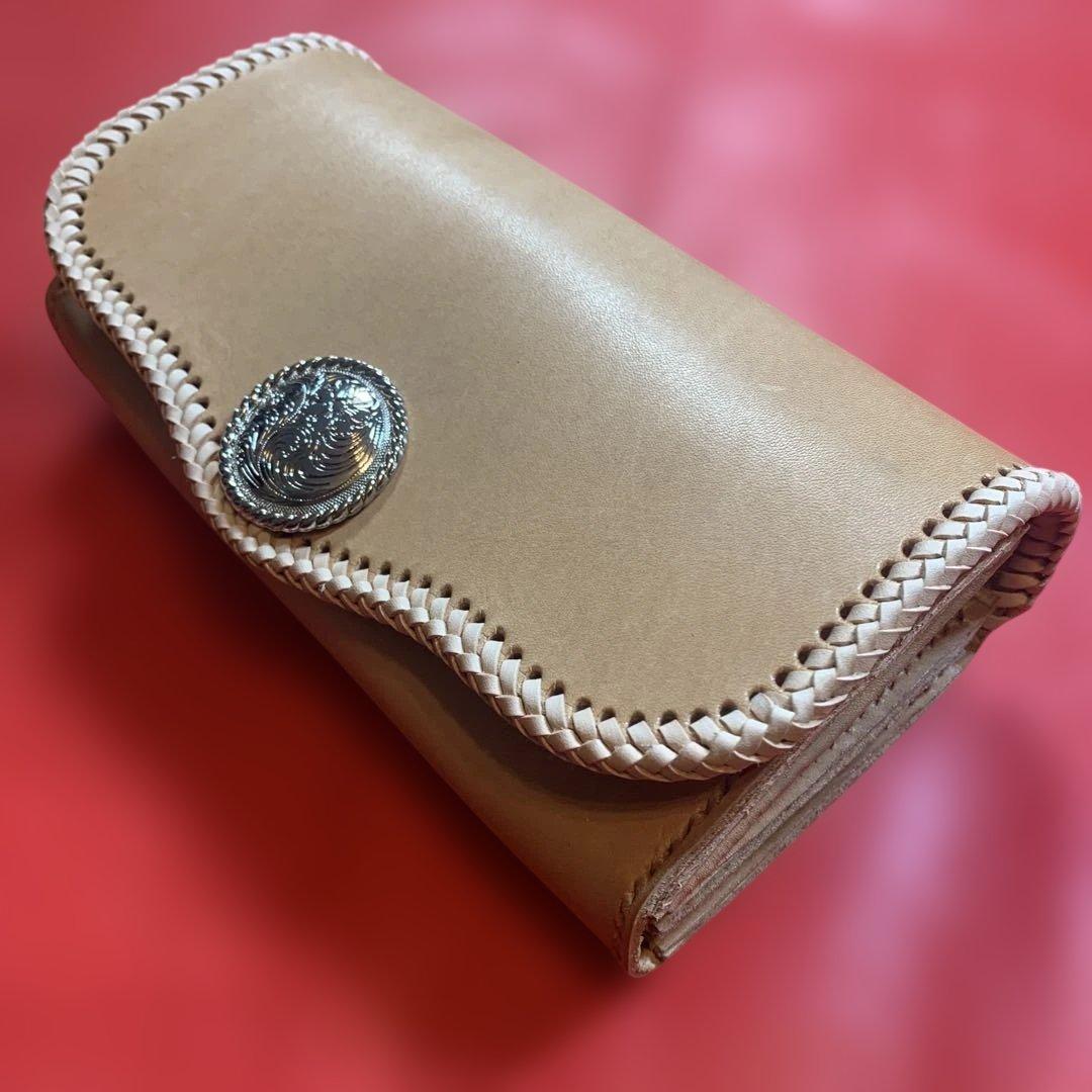 ハンドメイドレザークラフトヌメ革牛レース編み長財布　ヌメ革長財布