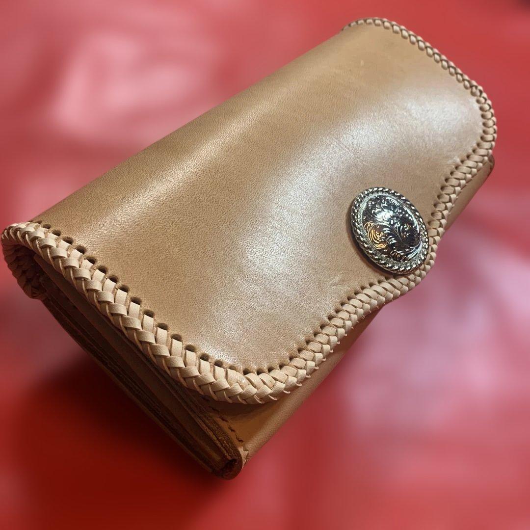 ハンドメイドレザークラフトヌメ革牛レース編み長財布　ヌメ革長財布