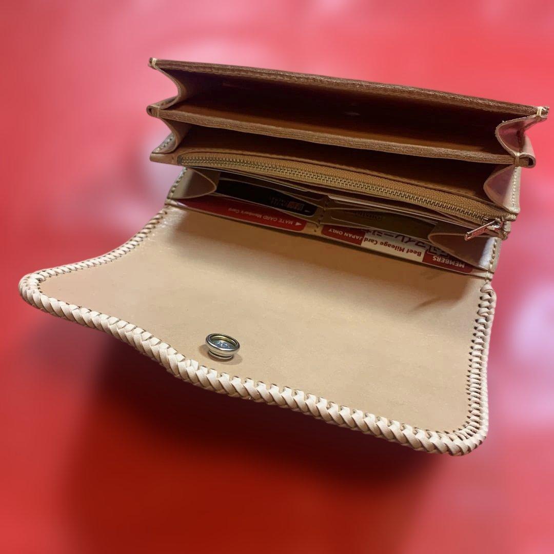 ハンドメイドレザークラフトヌメ革牛レース編み長財布　ヌメ革長財布