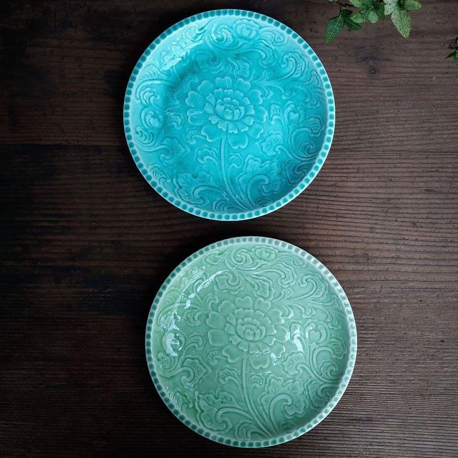 【ご成約】淡路珉平焼 ターコイズブルーと翡翠色の7寸皿 2枚 骨董 アンティーク