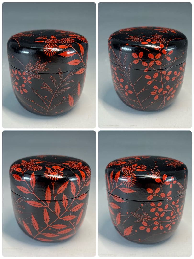 【中古品】前端春斎造　秋草蒔絵一閑塗黒棗（共箱）USED〈税込•送料込〉