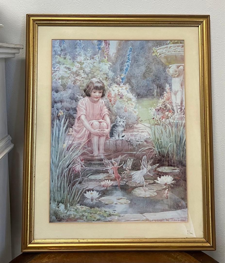 スコットランド製マーガレットタラント少女猫妖精水彩複製画額付き