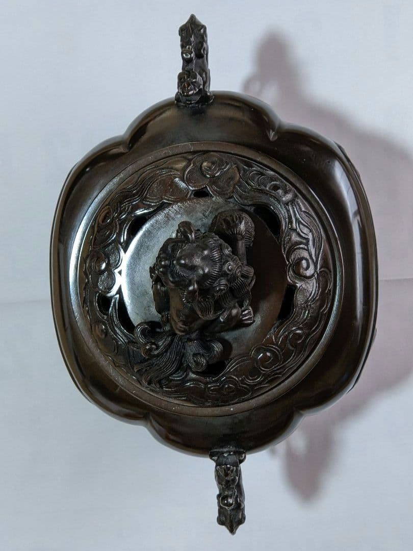 ♦香道具 獅子飾り 山水瓔珞紋様 龍双耳阿古柁形 大香炉 高岡銅器 高さ27cm