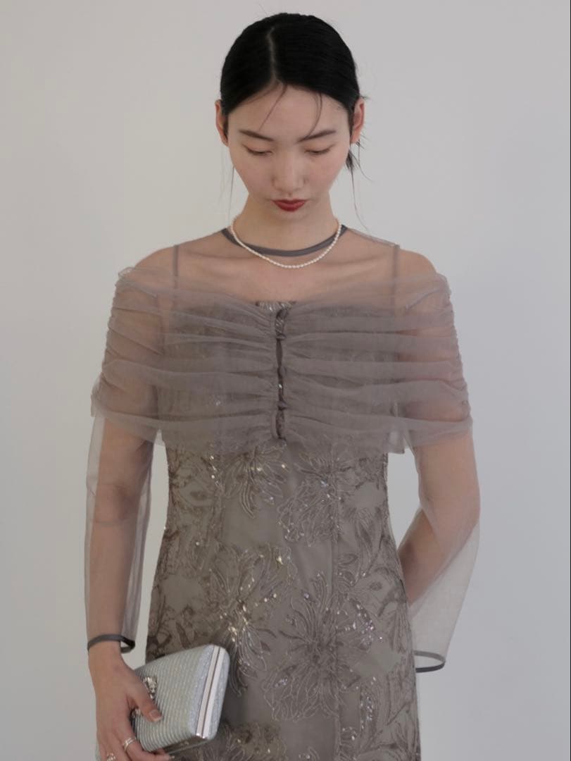 チュールオフショルダー花柄Iラインワンピースドレス結婚式二次会パーティー成人式