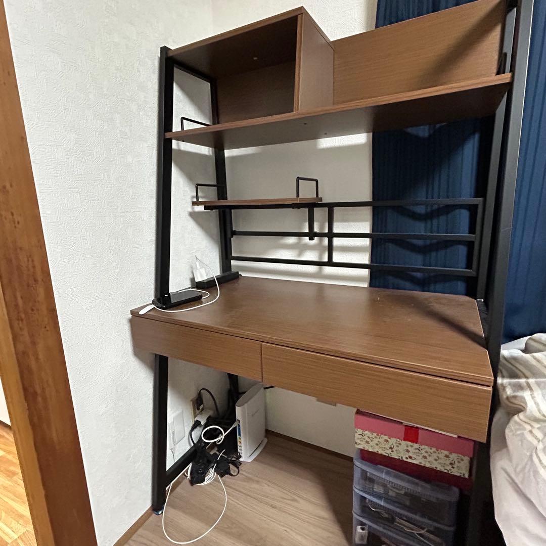 省スペース ブラウンパソコンデスク 棚付き 2引き出し