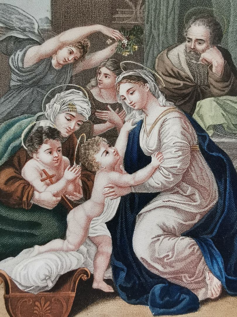 アンティークフランス銅版画 ラファエロの聖家族と予言者ヨハネと天使達 レース装飾