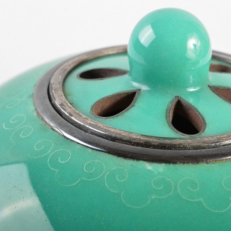 七宝焼　安藤七宝店　象嵌　青色香炉　時代箱付　F　R5554