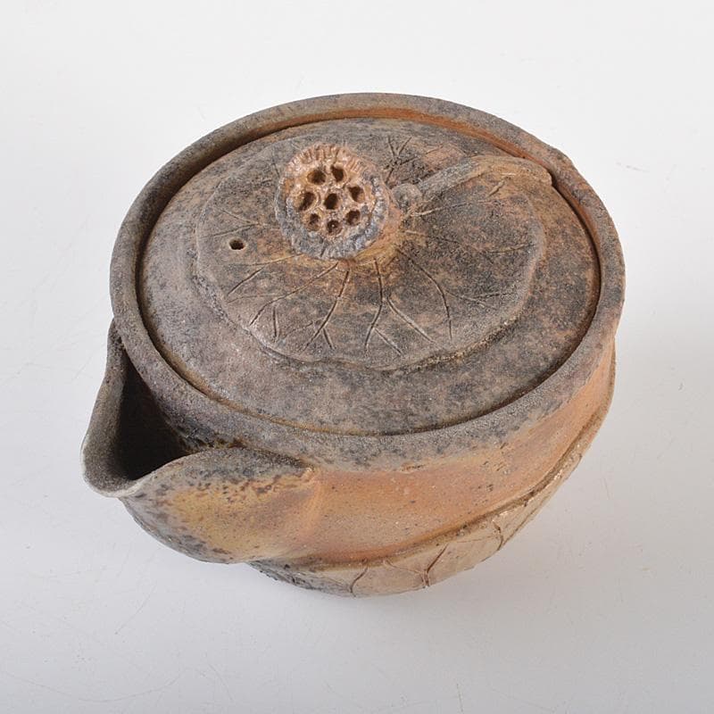 煎茶道具　備前焼　明光窯　蓮根摘蓮葉　宝瓶　急須　共箱　D　R6438