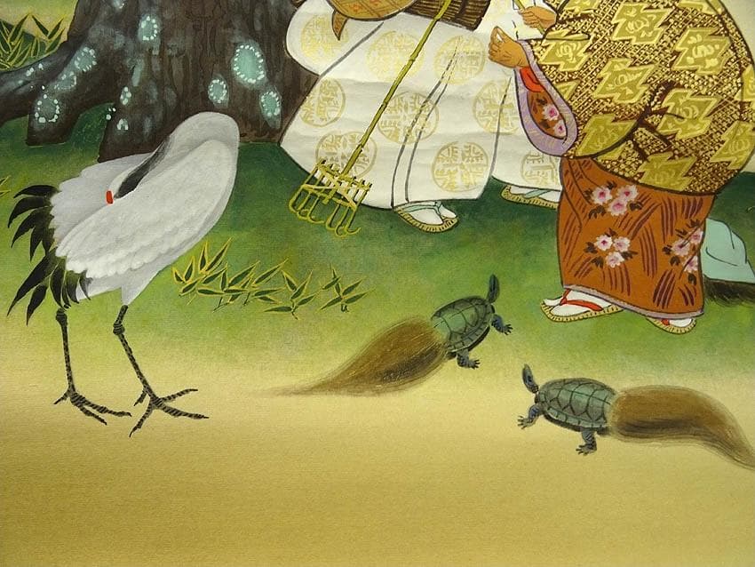 【真作】掛軸 岡田典正『高砂図』絹本 肉筆 無地箱付 掛け軸 a040218