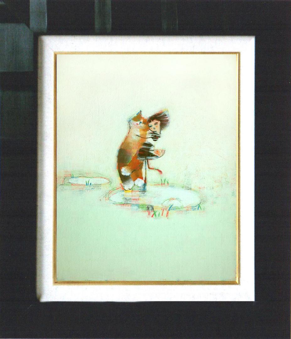 油絵 菅家令子 絵 絵画インテリア額付(銀) F4-072719 子猫女の子