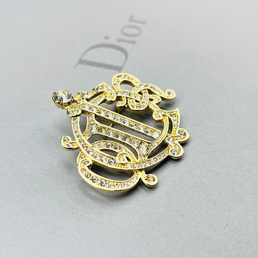 Dior ディオール 旧ロゴ エンブレム ラインストーン ブローチ ゴールド