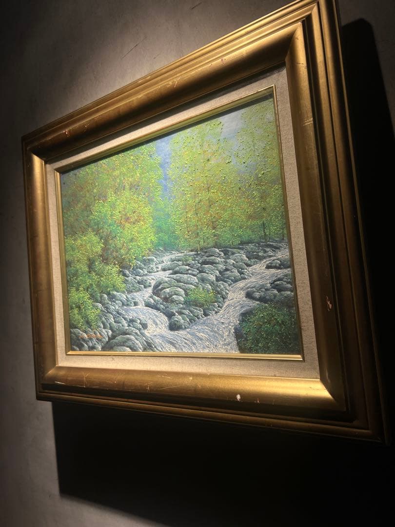 油彩　岡恵一【錦秋の渓流】細密リアリズム