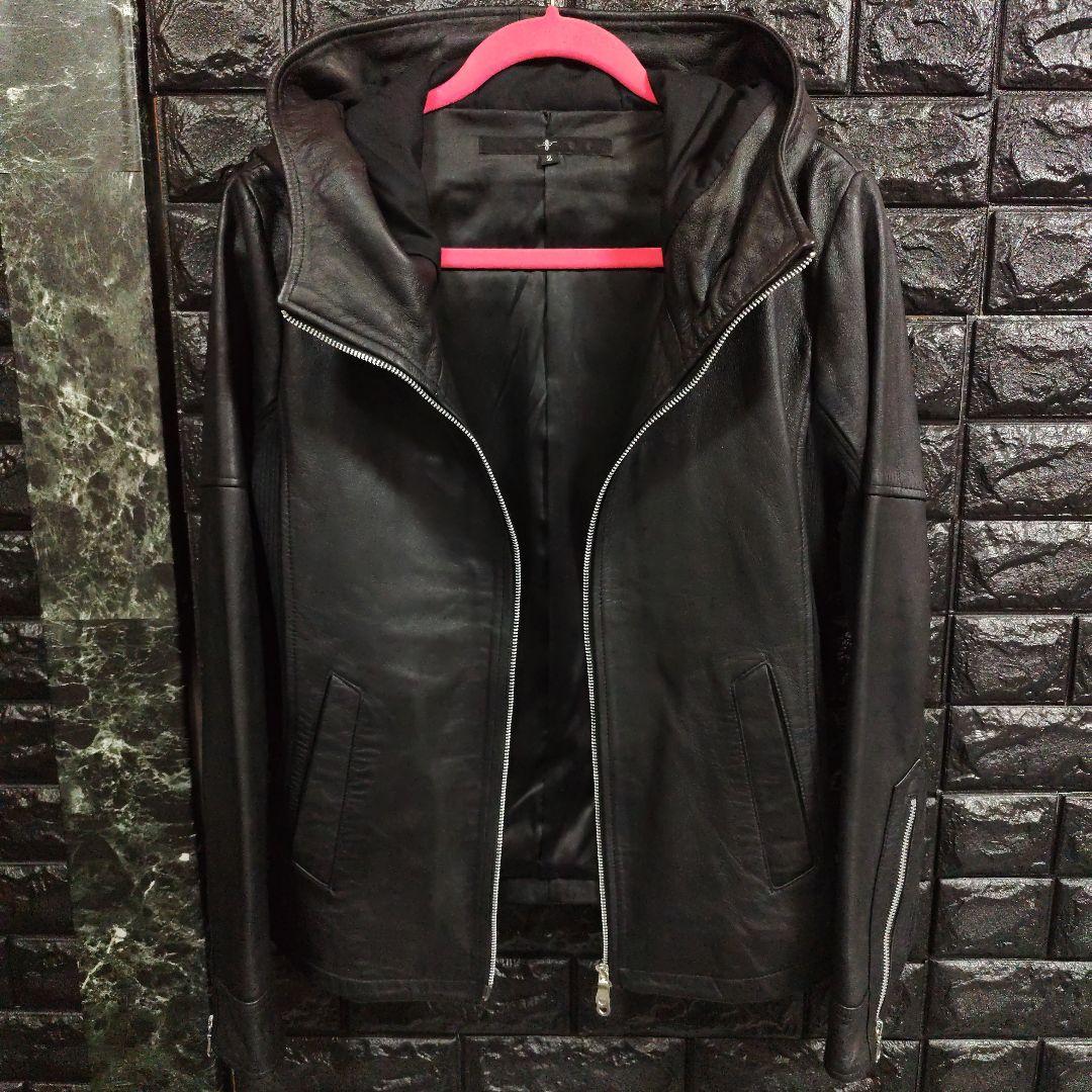 美品ノーアイディー黒ラムレザー シングルフード付きライダースジャケットＳ２完売品