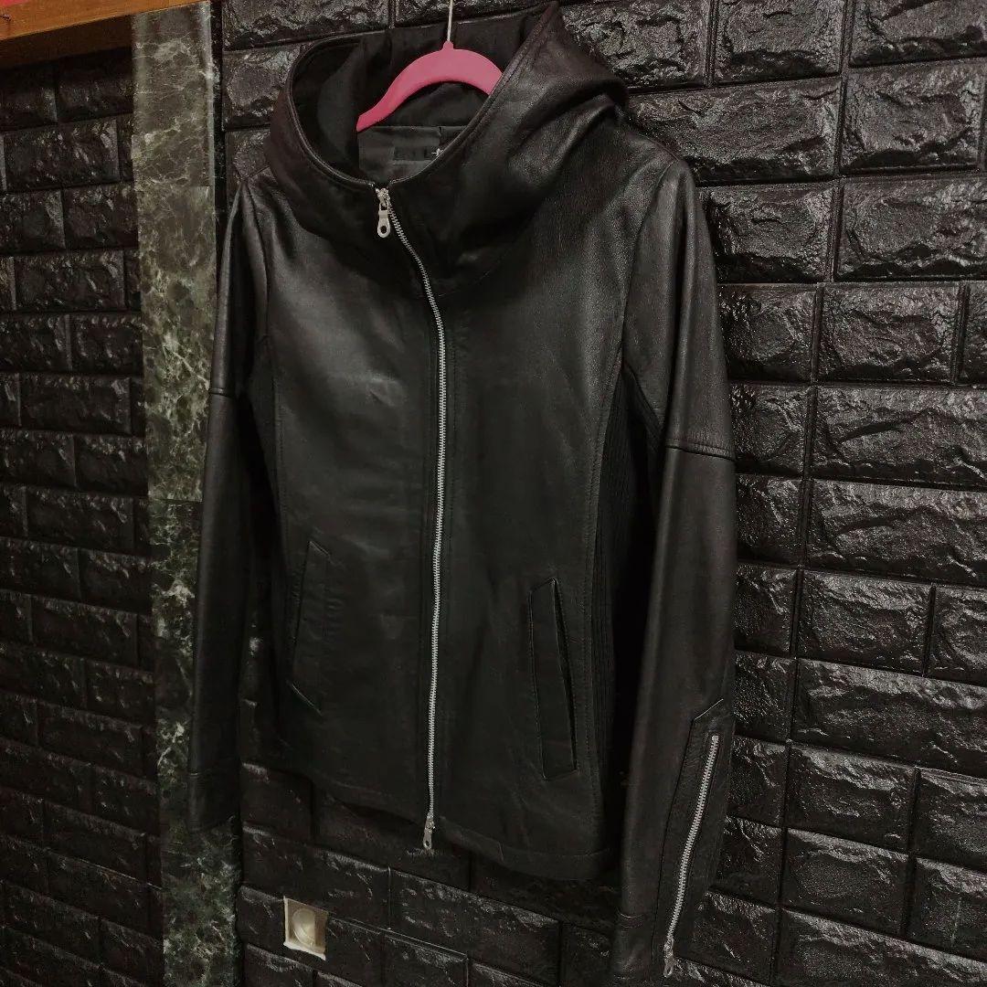 美品ノーアイディー黒ラムレザー シングルフード付きライダースジャケットＳ２完売品
