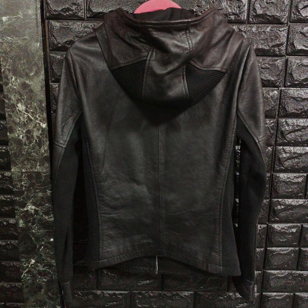 美品ノーアイディー黒ラムレザー シングルフード付きライダースジャケットＳ２完売品