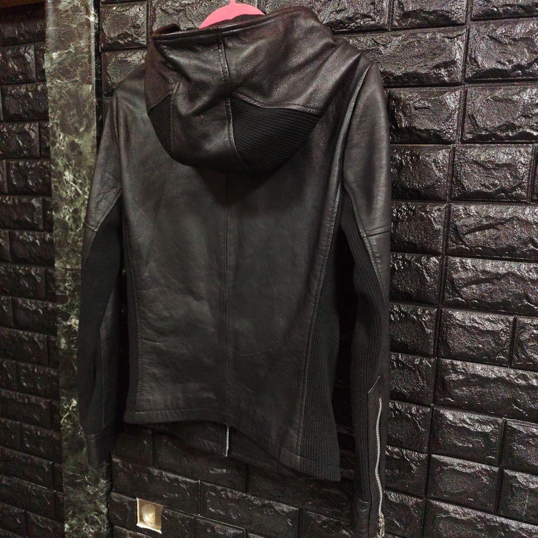 美品ノーアイディー黒ラムレザー シングルフード付きライダースジャケットＳ２完売品