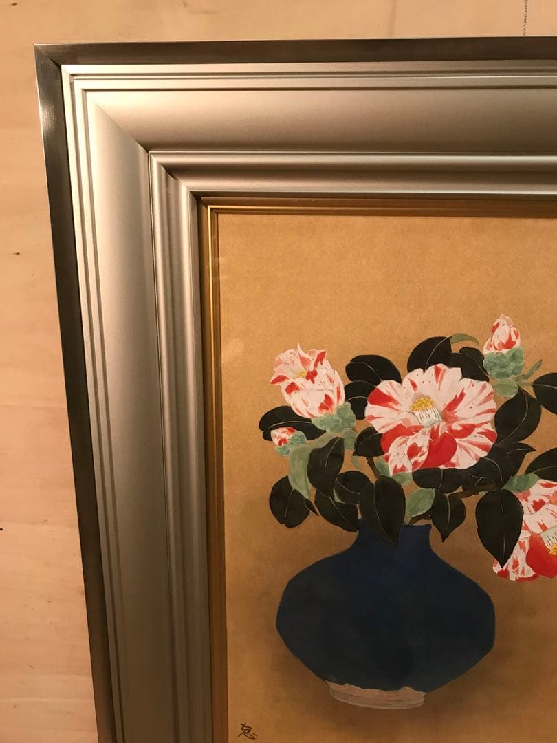 堀川えい子　「花椿」　日本画Ｆ８号　直筆サイン・共シール有り