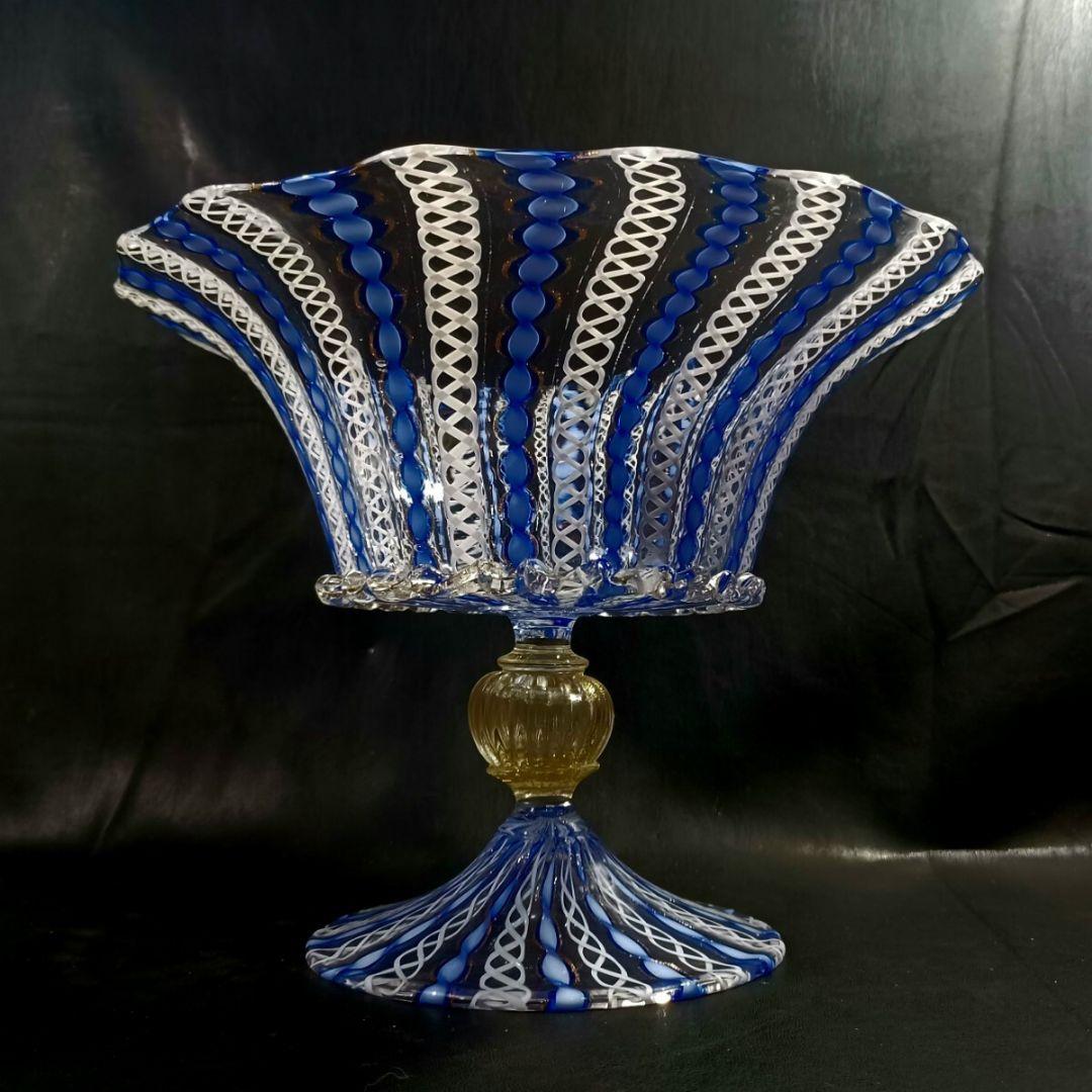 MURANO ムラノ 金彩 ブルー リボン ホワイト レース コンポート