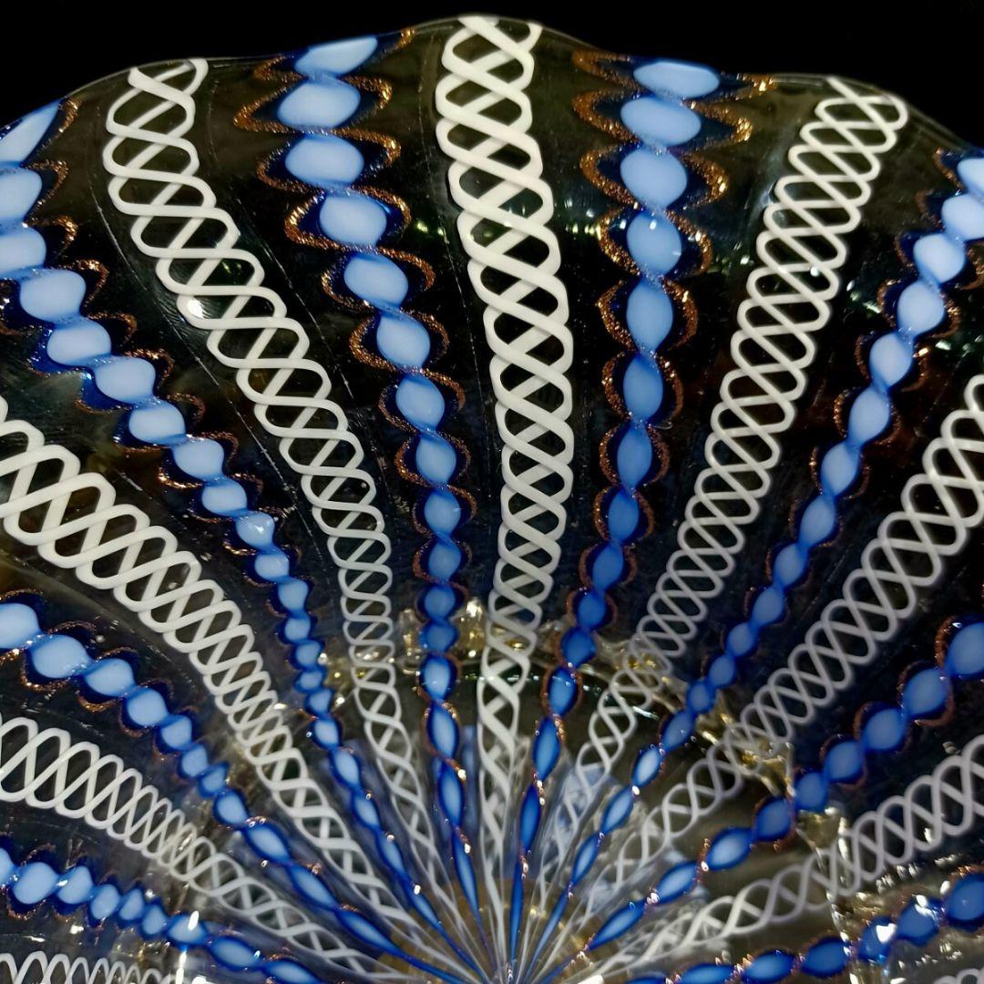 MURANO ムラノ 金彩 ブルー リボン ホワイト レース コンポート
