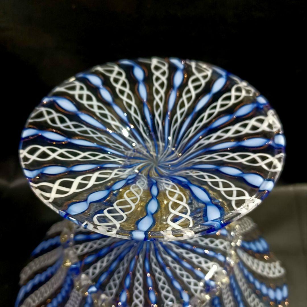 MURANO ムラノ 金彩 ブルー リボン ホワイト レース コンポート