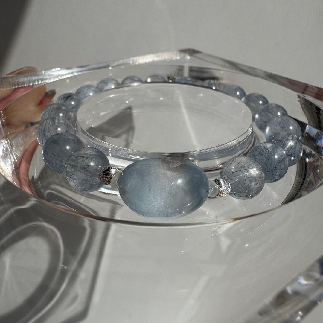 一点物　天然石　ハンドメイドブレス　ブルー　サゲニティッククォーツ　サゲ