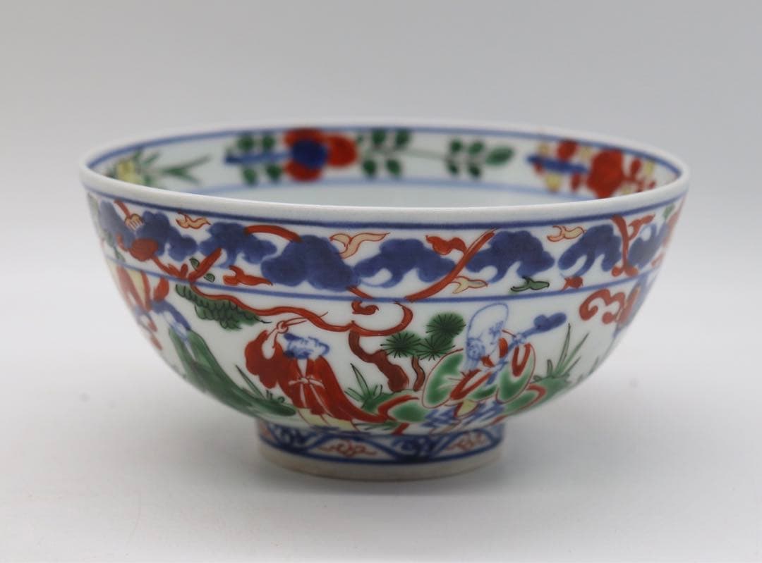 中国　大明万暦年製　青華五彩人物紋碗　木箱入　送料込み0321