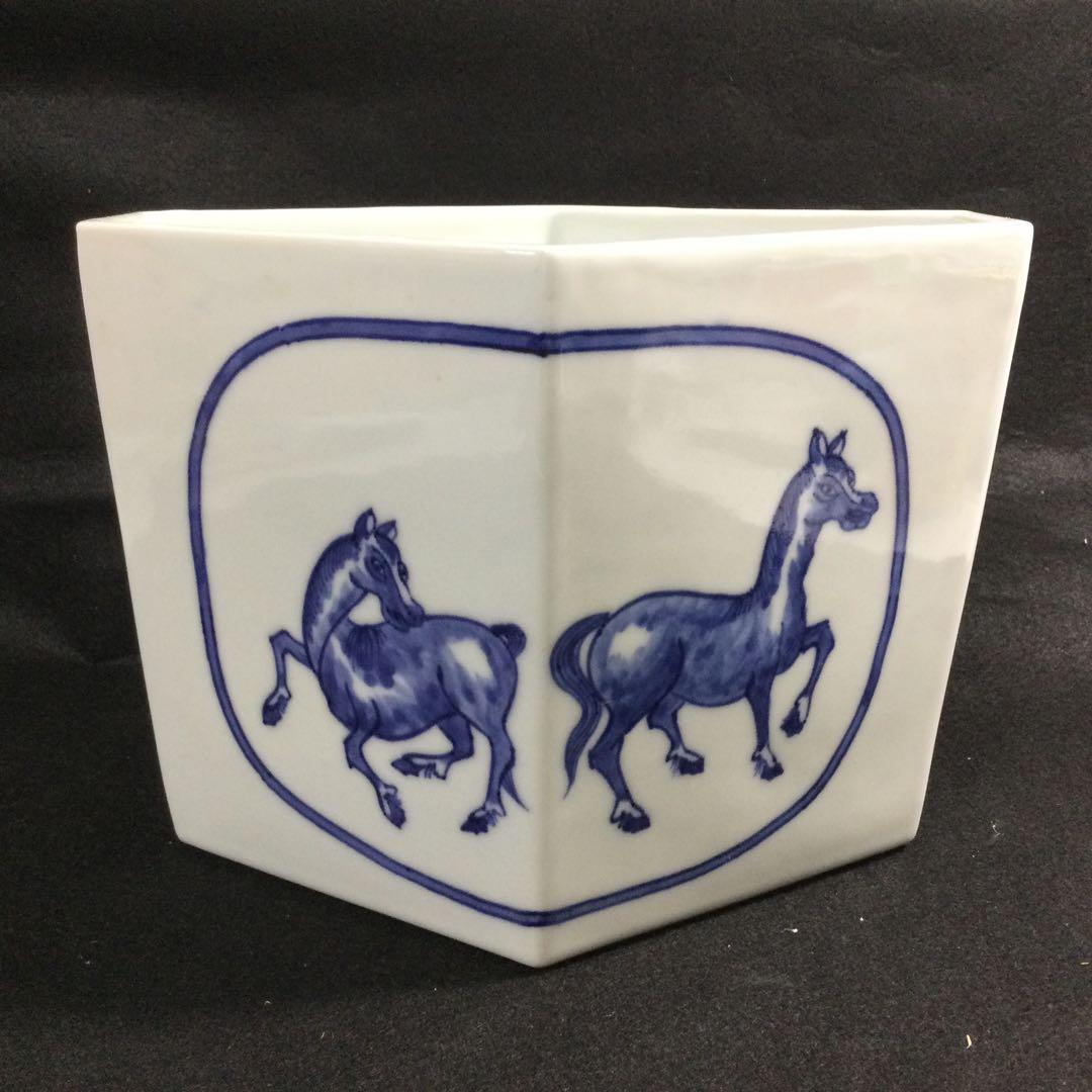 菱馬水指 青染付 富田静山作 茶道具 供箱 L317