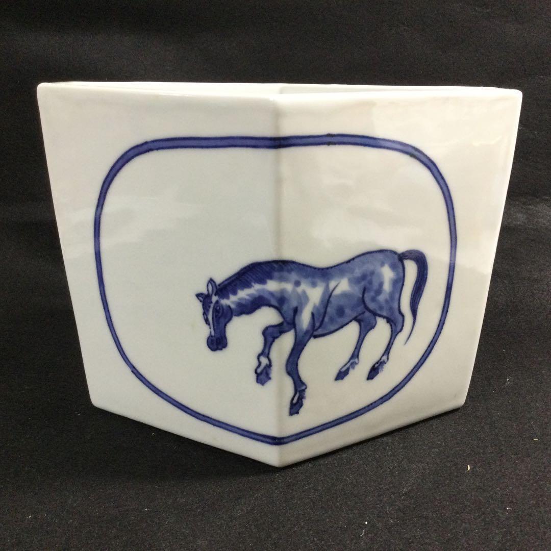 菱馬水指 青染付 富田静山作 茶道具 供箱 L317