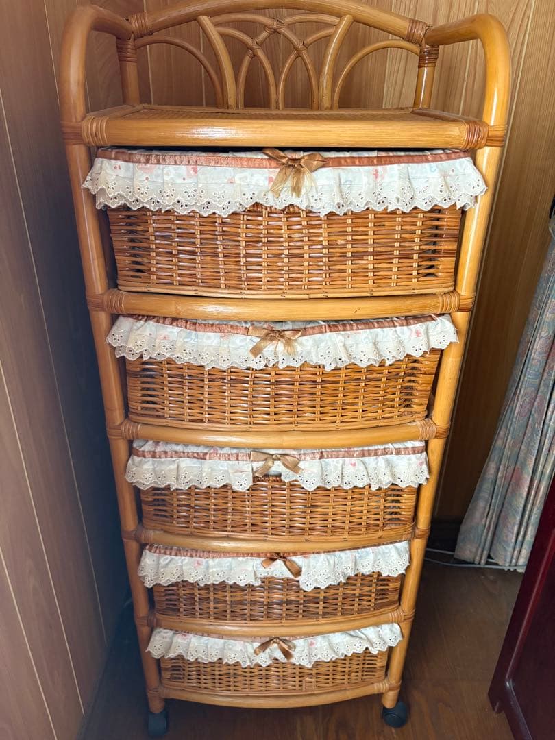 ラタン　ヴィンテージ収納　5段収納　キャスター付き チェスト　アンティーク