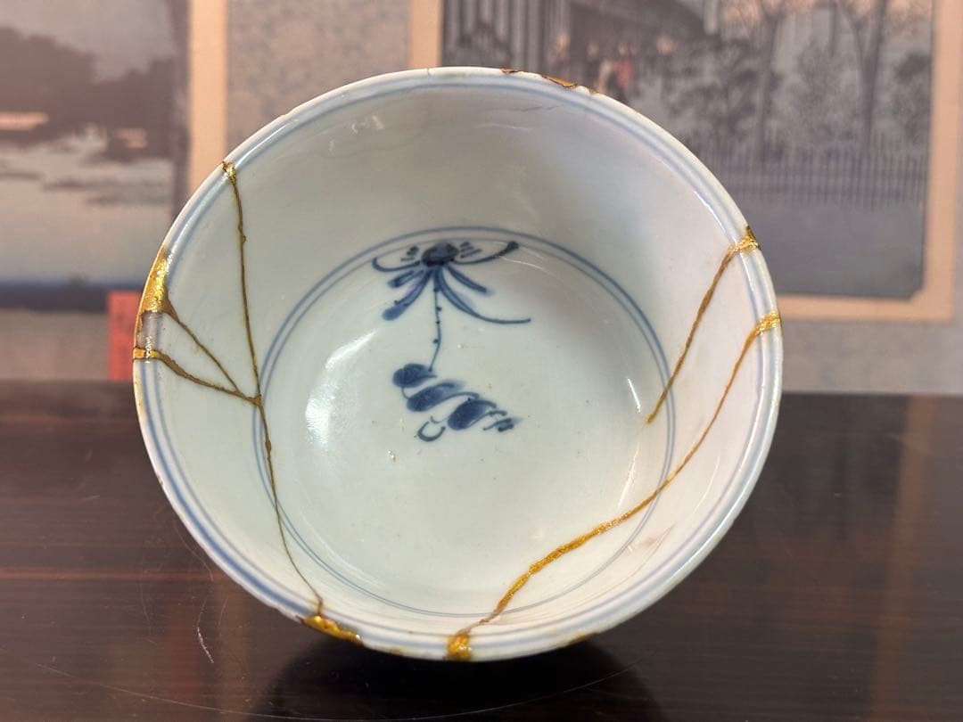 中国明時代茶碗 成化年製 魚藻紋 染付茶碗 中國古美術 高 6.5cm