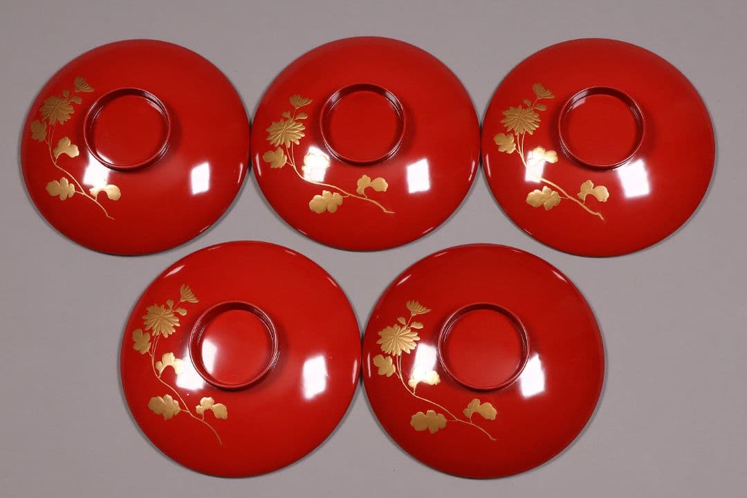 【CM243】時代木製漆器 桐鳳凰・菊 金蒔絵 朱塗 引盃 五客 木製漆器 小皿