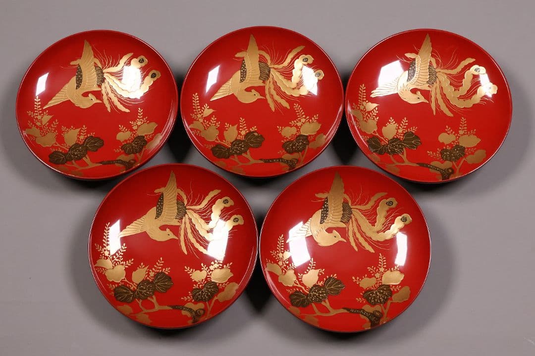 【CM243】時代木製漆器 桐鳳凰・菊 金蒔絵 朱塗 引盃 五客 木製漆器 小皿