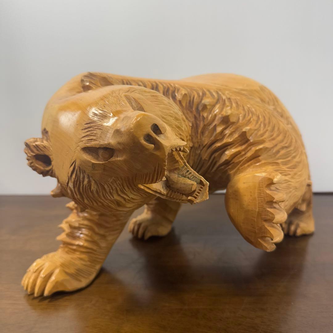 【希少】 木彫り 熊 一刀彫 怒り熊 置物 全長約40cm 工芸品