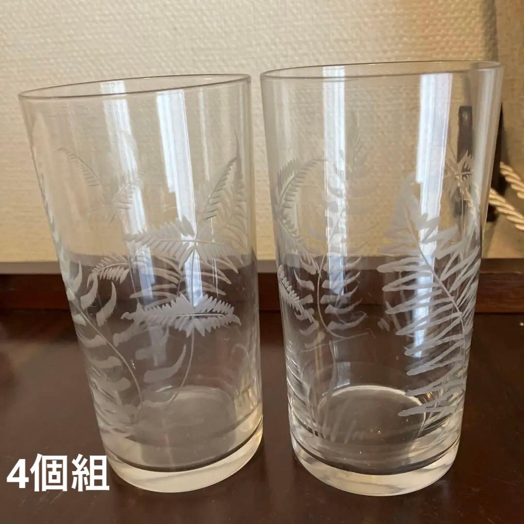 英国アンティーク　ヴィクトリアン　羊歯紋グラヴィールグラス4個組