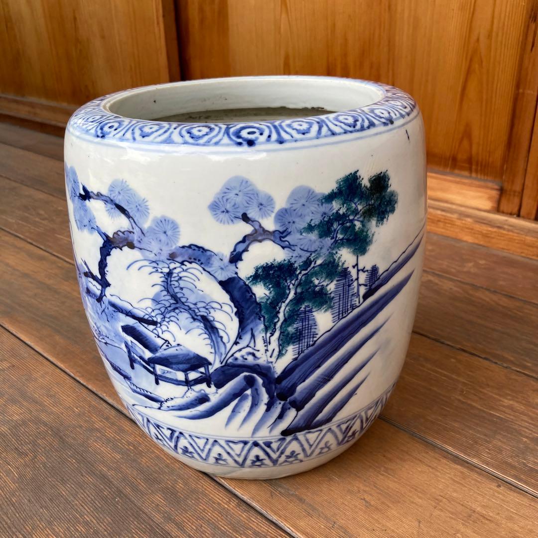 染付　レトロ　アンティーク　火鉢　陶磁器　古民具　希少　金魚鉢　手作り　昭和