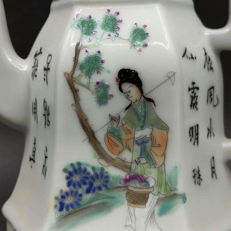 パステル仕女人物六方徳利 茶壺 景徳鎮 陶磁器 装飾品 現代工芸品 美術品 置物