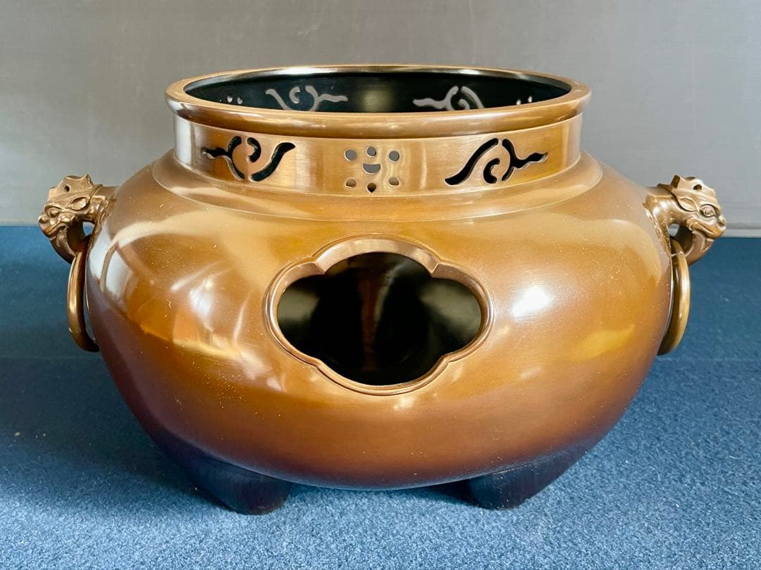 割引❣️【美品】「祖」 唐銅 鬼面風炉 釜師 莎村 共箱 共布 （1030あ莎）