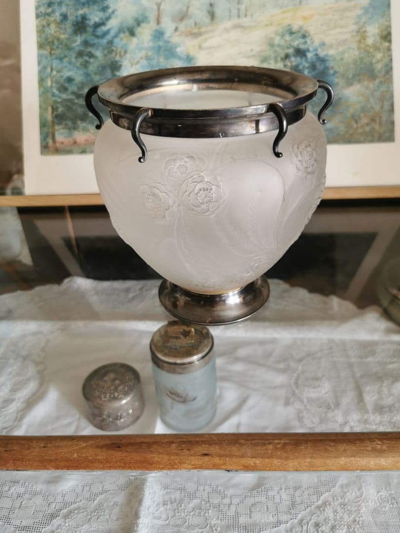 アンティーク ラリック 特注シルバー装飾台座＆口縁付 西洋花梨紋 ガラス大型花器