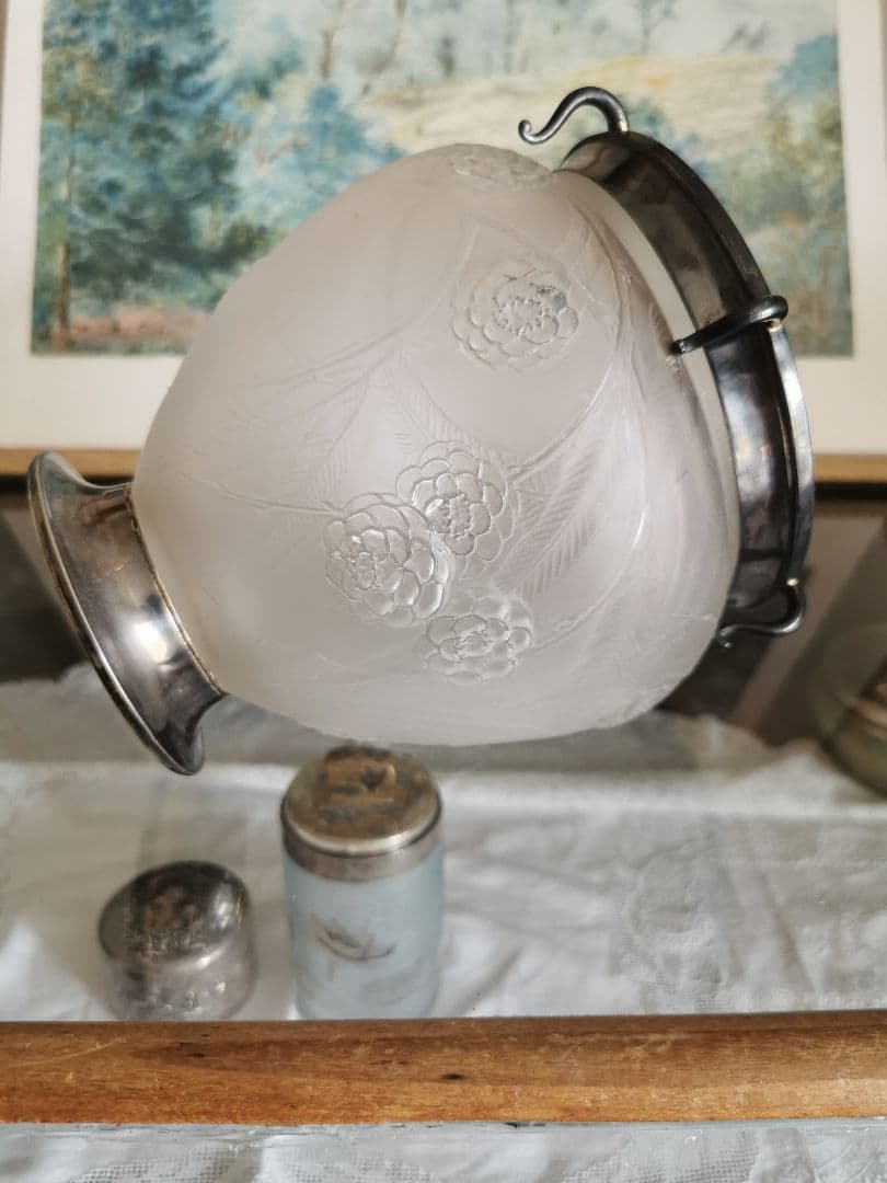 アンティーク ラリック 特注シルバー装飾台座＆口縁付 西洋花梨紋 ガラス大型花器