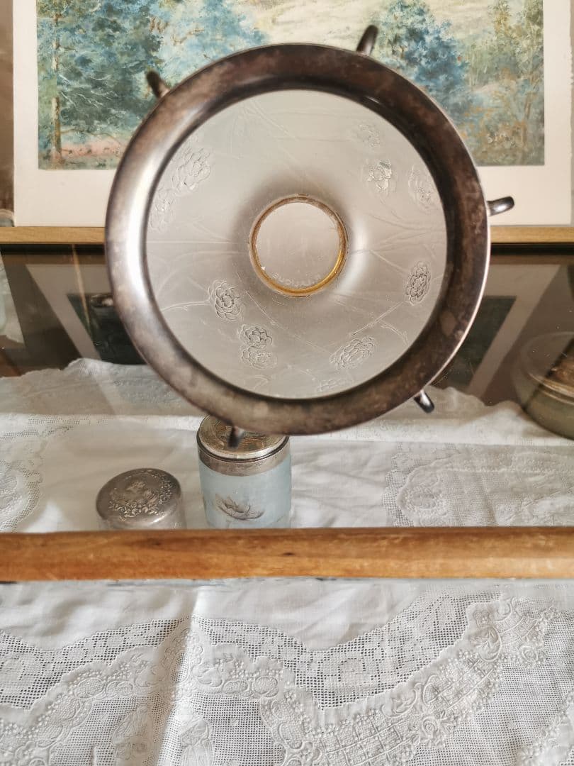 アンティーク ラリック 特注シルバー装飾台座＆口縁付 西洋花梨紋 ガラス大型花器