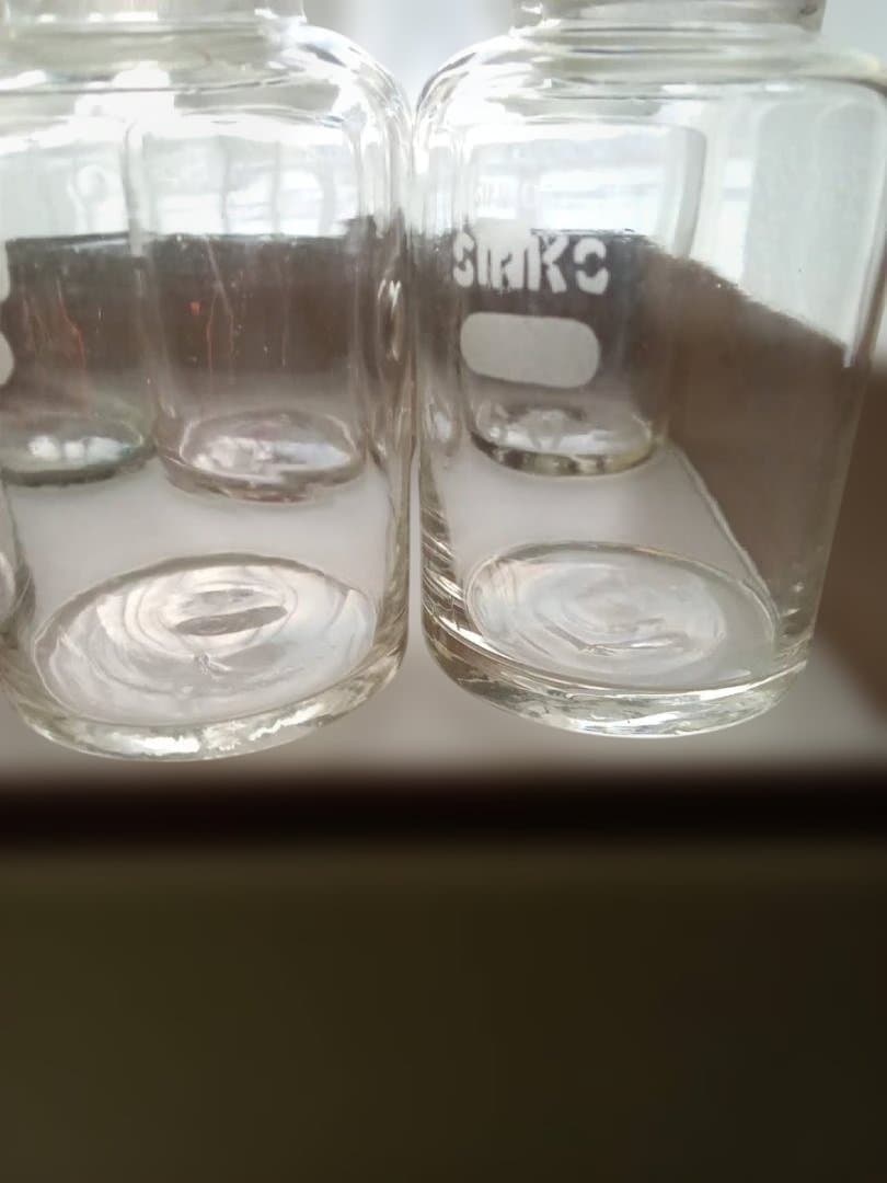 昭和レトロ 吹きガラス製 気泡有り 刻印入り 理化学硝子瓶 7本セット・美品