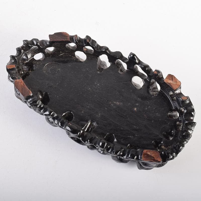 中国　玉石彫刻　山水人物刻　床飾　置物　在銘　唐木台付　K　R7727